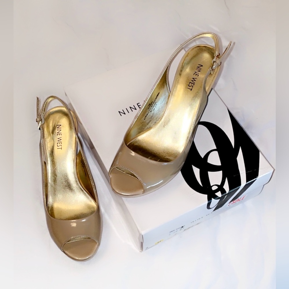 Nine West Champagne Peep Toe Sling Back Pumps